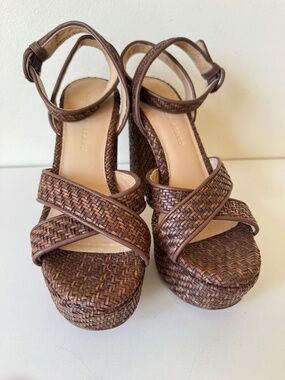 Veronica Beard Brown Woven Leather Platform Block Heel Sandals Size 7M